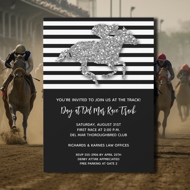Silver Racehorse at the Track  Invitation (Meet us at the track Silver Racehorse Invitations)