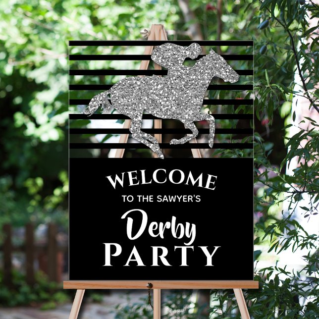 Silver Racehorse Black Stripes Derby Welcome Acrylic Sign (Silver faux glitter racehorse black stripes Derby party welcome acrylic sign)