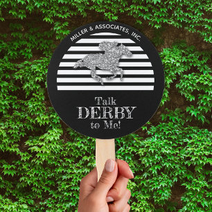 Silver Racehorse Black White Stripes Company Name Hand Fan