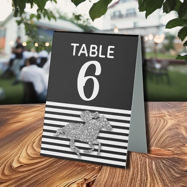Silver Racehorse Black White Stripes Number (Silver faux silver glitter racehorse on black and white stripes table number tent sign 6" x 8")