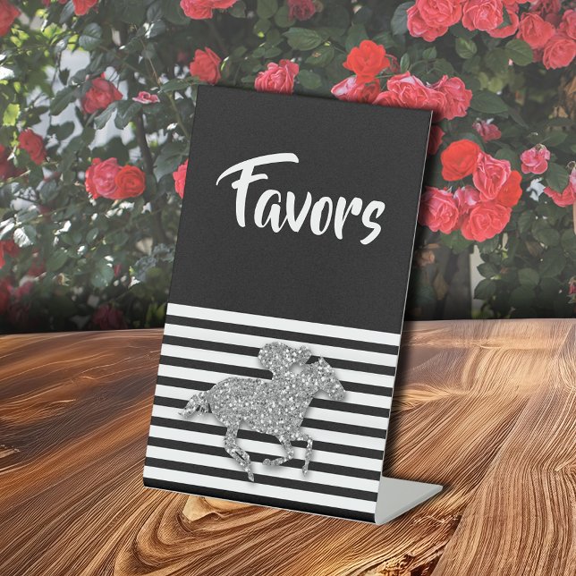 Silver Racehorse Bridal Shower Favours Pedestal Sign (Silver Racehorse Derby Bridal Shower Cards and Gifts Pedestal Sign)