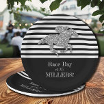 Silver Racehorse Derby Paper Plate<br><div class="desc">Party paper plates - in 2 sizes - feature a race horse in faux silver glitter on black and white stripes at the top and a solid black area at the bottom for your custom personalisation. Change the wording, change the fonts, change the font colours for your party, birthday party,...</div>