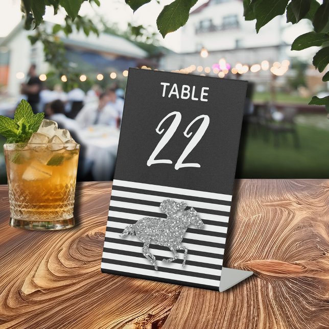 Silver Racehorse Derby Table Number Pedestal Sign (Silver Racehorse Black White Stripes Pedestal Sign)
