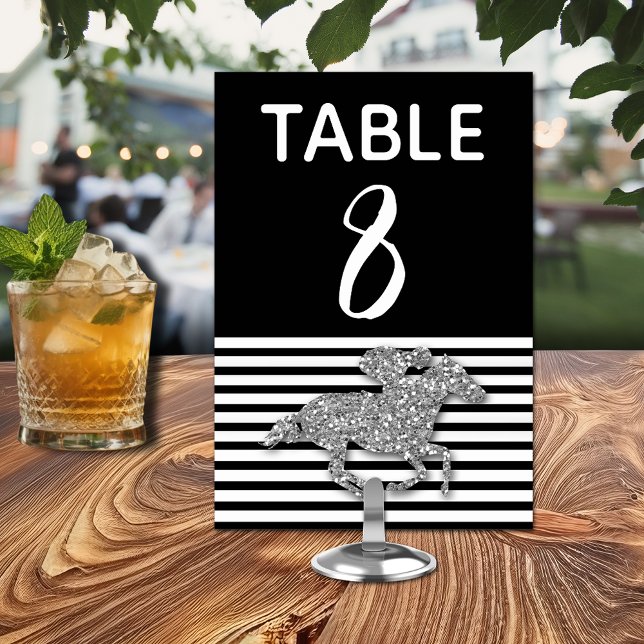 Silver Racehorse on Black & White Stripes Table Number (Silver Racehorse on Black & White Stripes Table Number Cards)