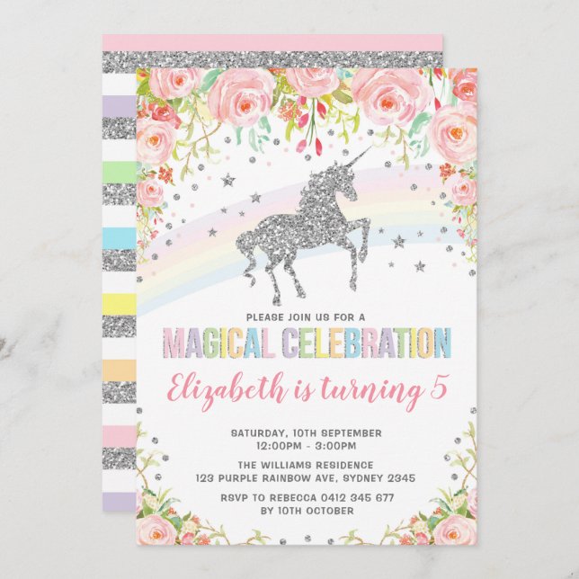 Silver Rainbow Unicorn Birthday Party Invitation (Front/Back)