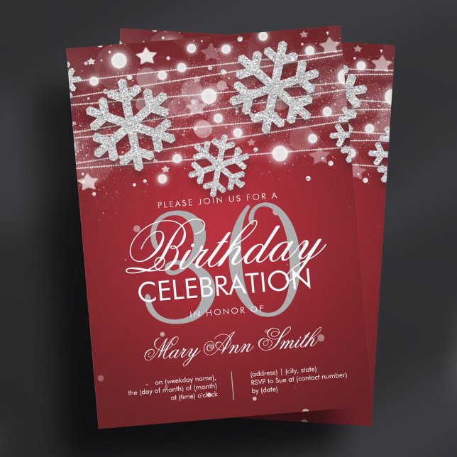 Silver Red 30th Birthday Winter Glitter Glam Invitation (Silver Red 30th Birthday Winter Glitter Glam Invitation)