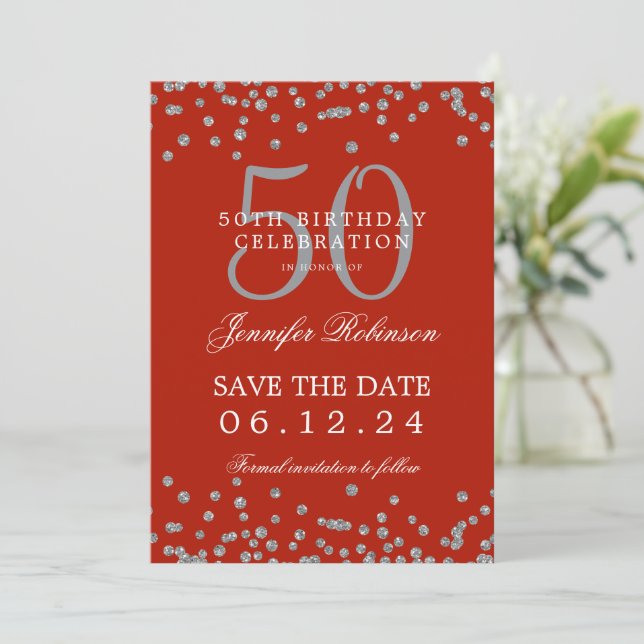 Silver Red 50th Birthday Save the Date & Details Invitation (Standing Front)