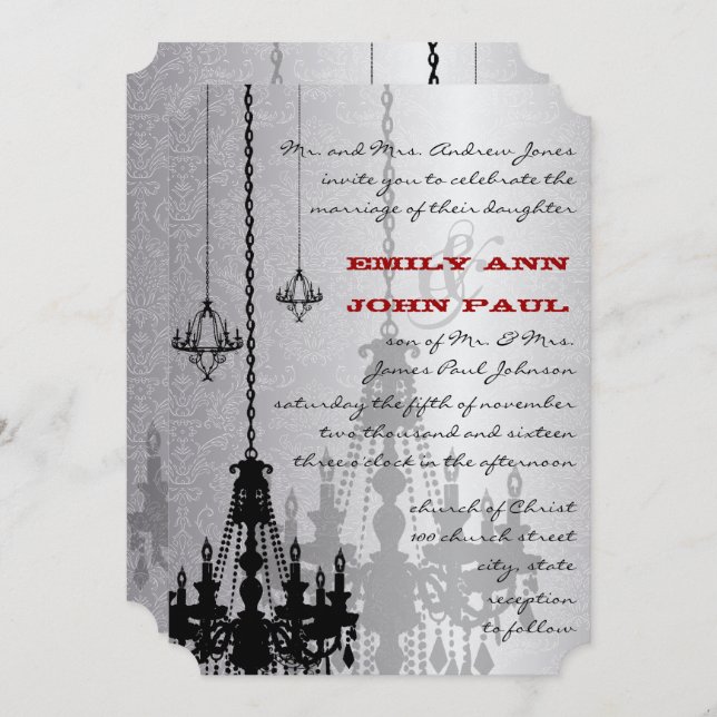 Silver Red & Black Chandeliers Damask Wedding Invitation (Front/Back)