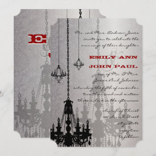 Silver Red & Black Chandeliers Damask Wedding Invitation