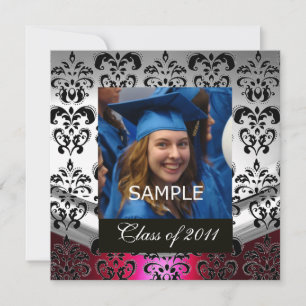 SILVER RED,BLACK DAMASK GRADUATION MONOGRAM ANNOUNCEMENT