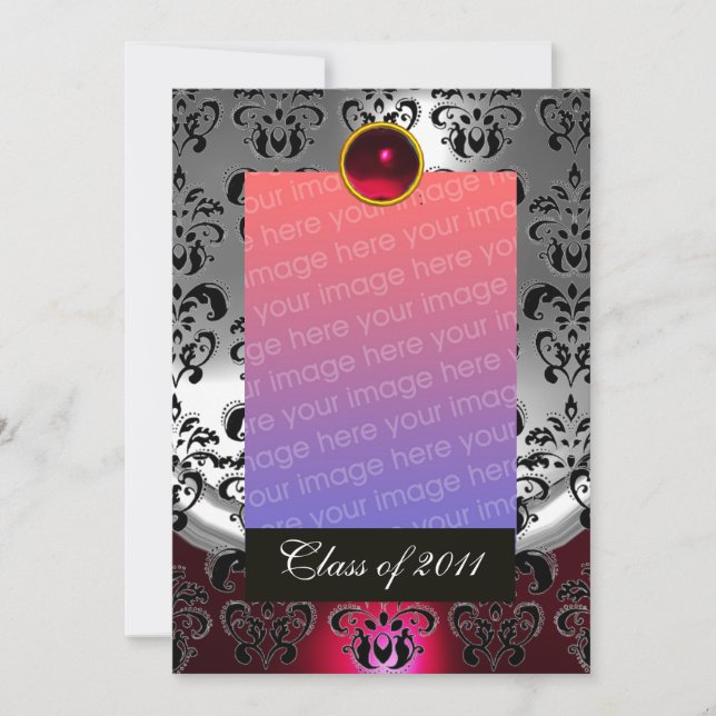 SILVER RED,BLACK DAMASK GRADUATION MONOGRAM ANNOUNCEMENT (Front)