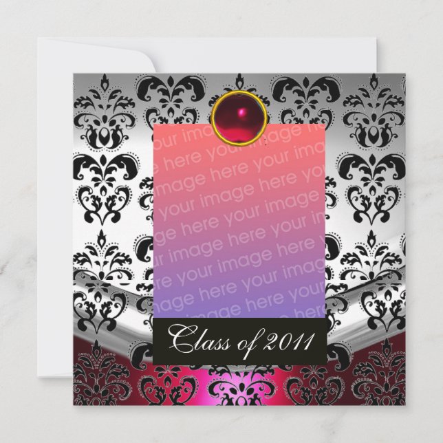 SILVER RED,BLACK DAMASK GRADUATION MONOGRAM ANNOUNCEMENT (Front)