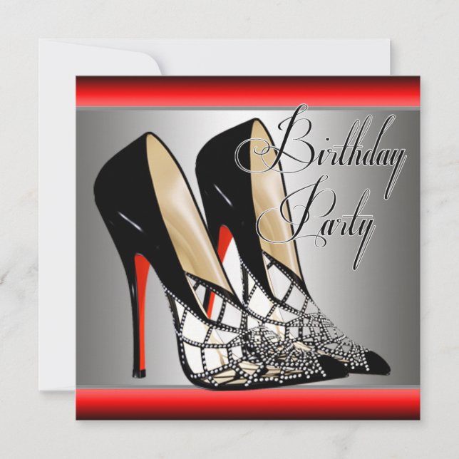 Silver Red Black High Heels Birthday Party Invitation (Front)