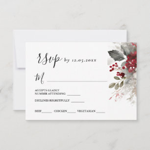 Silver Red Christmas Winter Floral Wedding RSVP Card