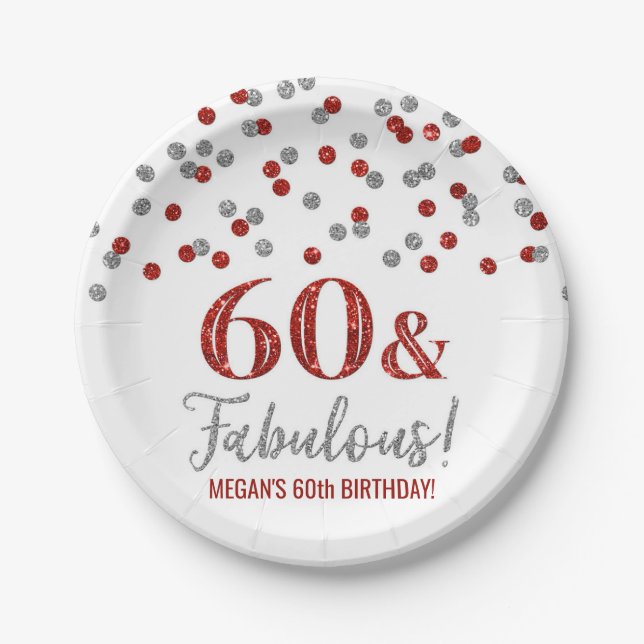Silver Red Confetti 60 and Fabulous  Paper Plate (Front)