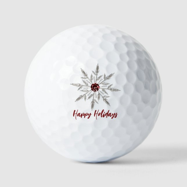 Silver Red Crystal Snowflake Happy Holidays  Golf Balls (Front)
