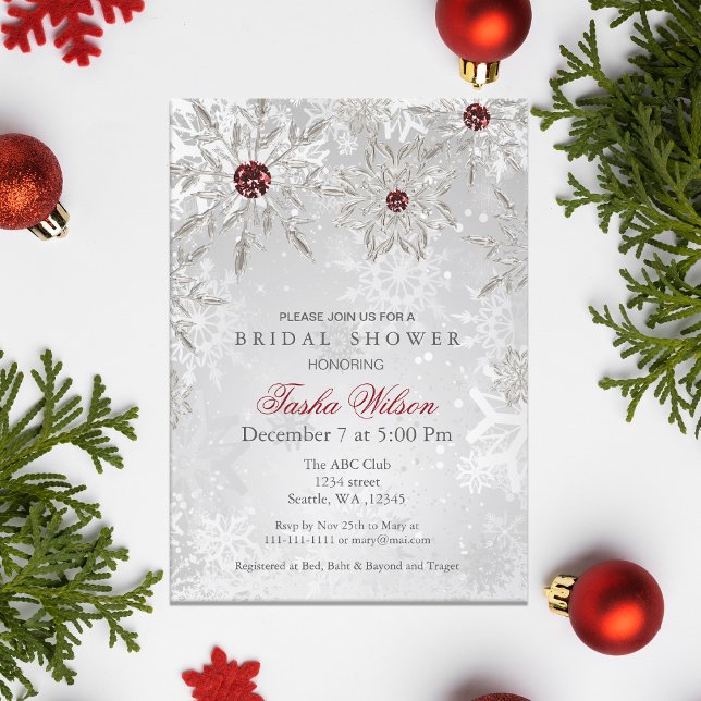 Silver Red Crystal Snowflakes Winter Bridal Shower Invitation (Silver Red Crystal Snowflakes Winter Bridal Shower Invitation)