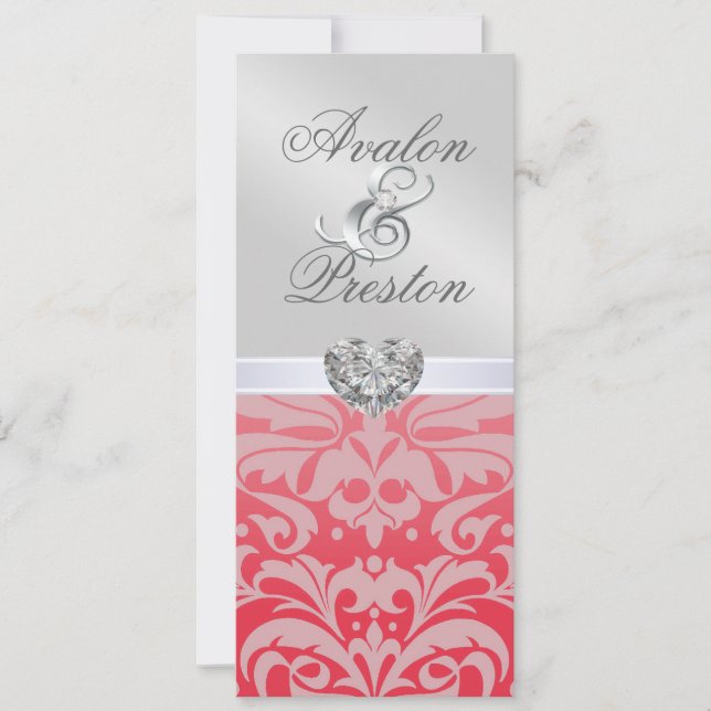 Silver Red Diamond Damask Wedding Invitation (Front)