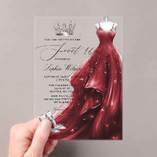 Silver Red Dress Princess  Sweet 16 Acrylic Invitations