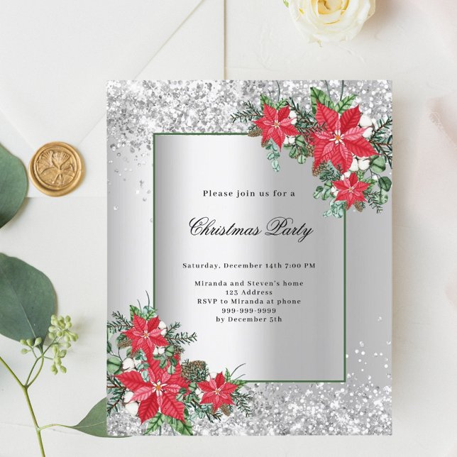 Silver red floral decor Christmas Party invitation (Creator Uploaded)