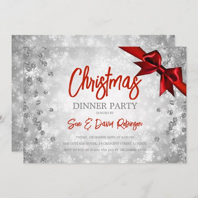Silver Red Glitter Ribbon Christmas Holiday  Invitation (Front/Back)