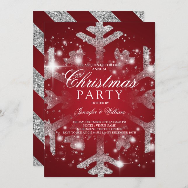Silver Red Glitter Snowflake Xmas Holiday Party Invitation (Front/Back)