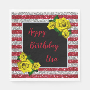 Silver Red Glitter Stripes Yellow Roses Birthday Napkin