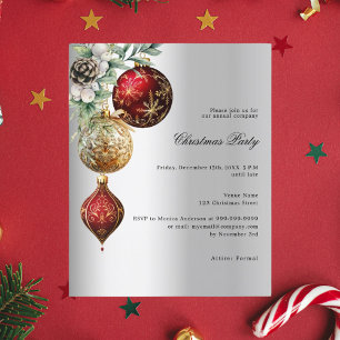 Silver red gold baubles Christmas Party invitation