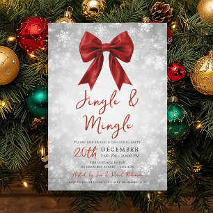 Silver Red Jingle Mingle Christmas Party Bow Snow Invitation