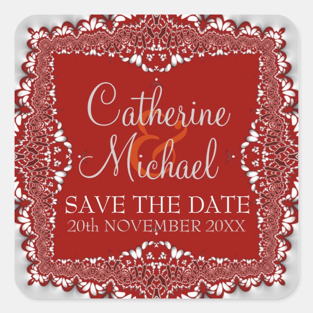 Silver+Red Lace Wedding Save the Date Sticker (Front)