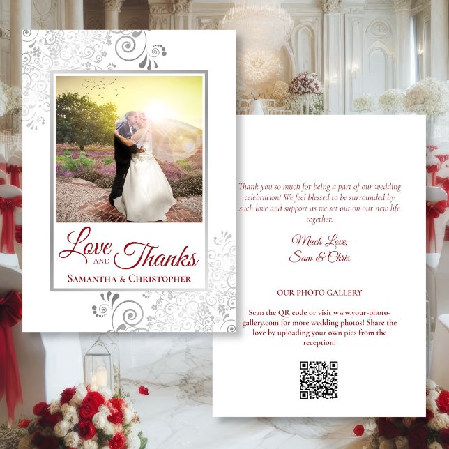 Silver & Red Love & Thanks Photo QR Code Wedding Thank You Card (Front/Back)