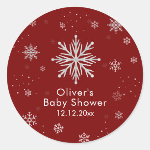 Silver Red Magical Winter Snowflake Baby Shower Classic Round Sticker