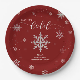 Silver Red Magical Winter Snowflake Baby Shower Paper Plate