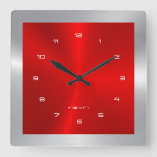 Silver & Red & Metallic Stainless Steel Square Wall Clock