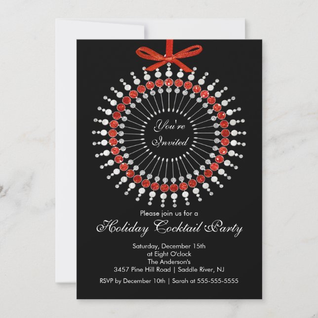 Silver & Red Ornament Cocktail Christmas Party Invitation (Front)