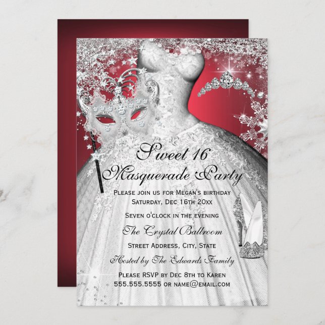 Silver Red Princess Masquerade Sweet 16 Invite (Front/Back)