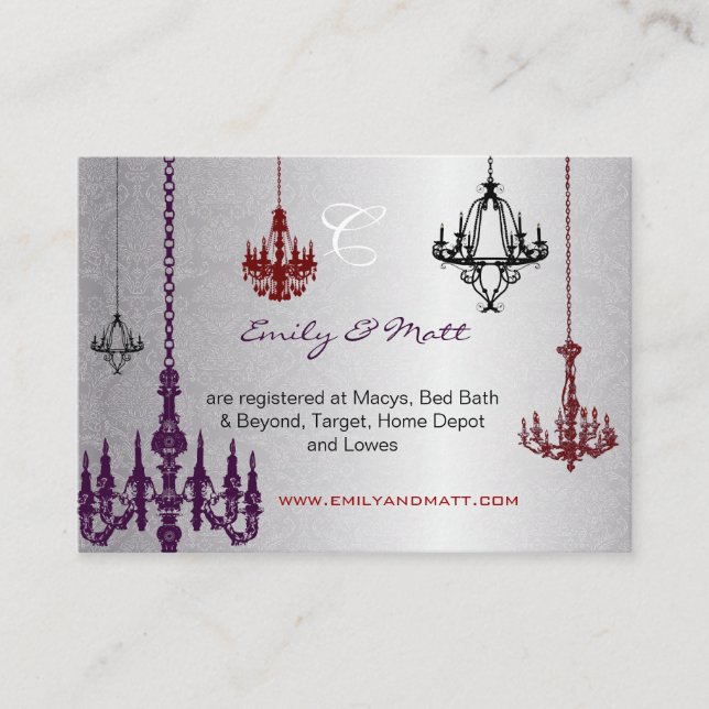 Silver Red Purple Black Chandeliers Damask Wedding Enclosure Card (Front)