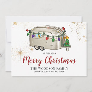 Silver Red Retro Vintage Camper Christmas Card