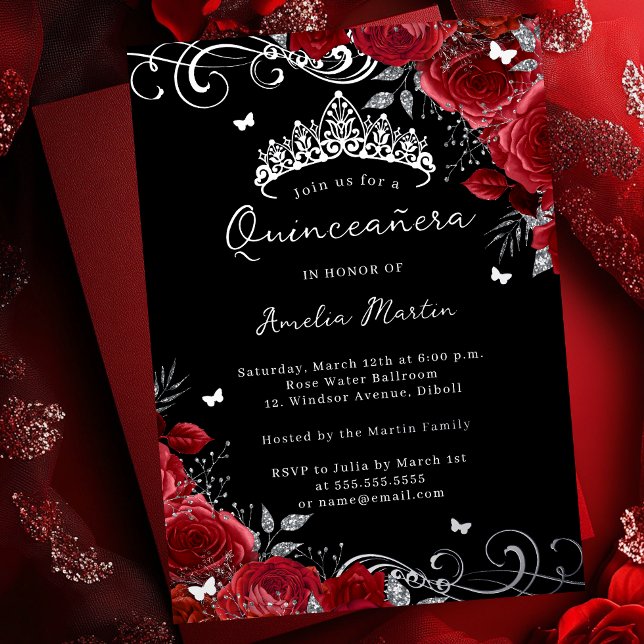 Silver Red Rose Floral Swirl Quinceanera   (Creator Uploaded)