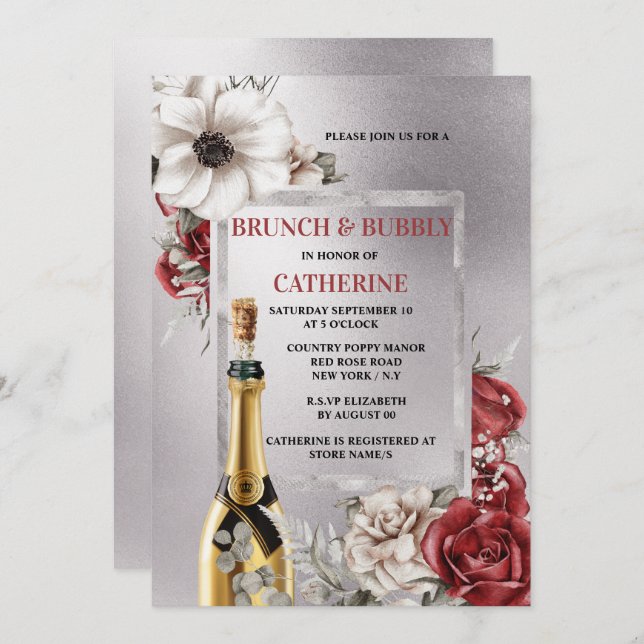 Silver red rose poppy flower sparkling wine chic invitation (Front/Back)