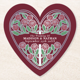 Silver Red Royal Mediaeval Floral Sword Wedding Paper Coaster