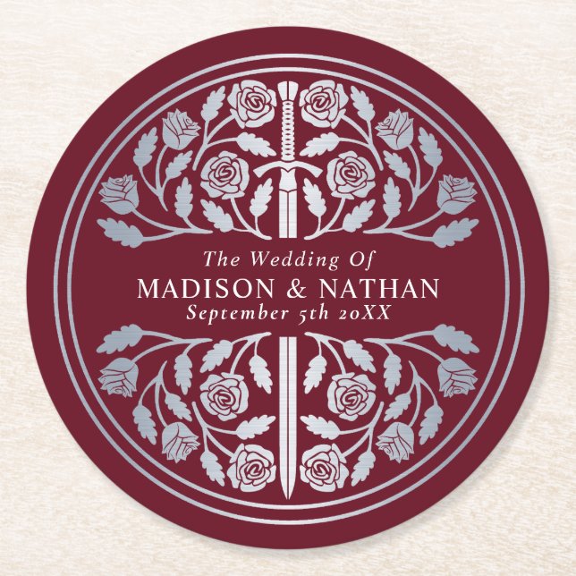 Silver Red Royal Mediaeval Sword Wedding Round Paper Coaster (Front)