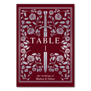 Silver Red Royal Mediaeval Sword Wedding Table Number