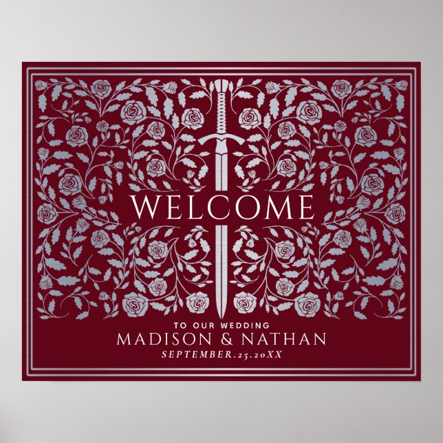 Silver Red Royal Mediaeval Sword Wedding Welcome  Poster (Front)