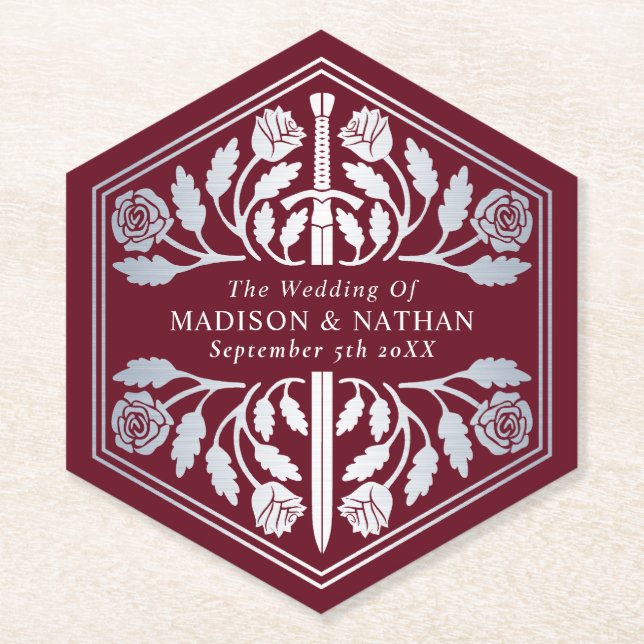 Silver Red Royal Medieval Sword Wedding Paper Coaster (Front)