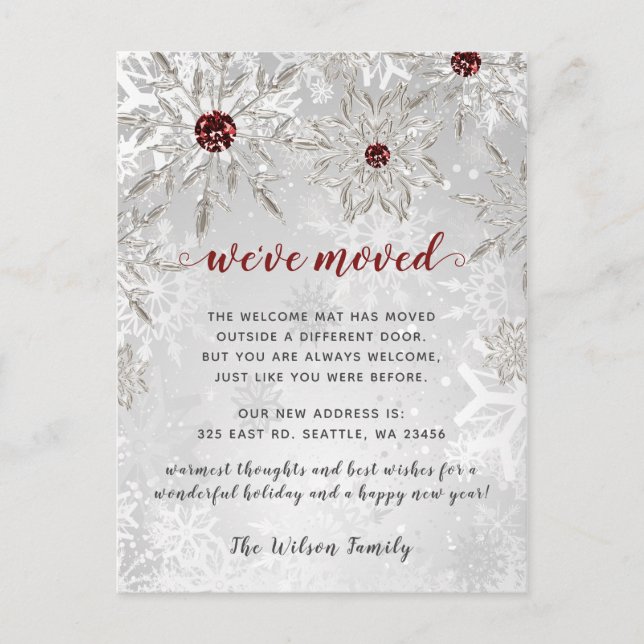 Silver Red Snowflakes Holiday Moving Announcement Postcard (Front)