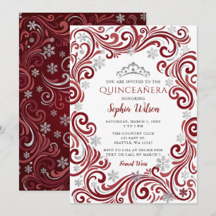 Silver Red Snowflakes Tiara Quinceañera Invitation