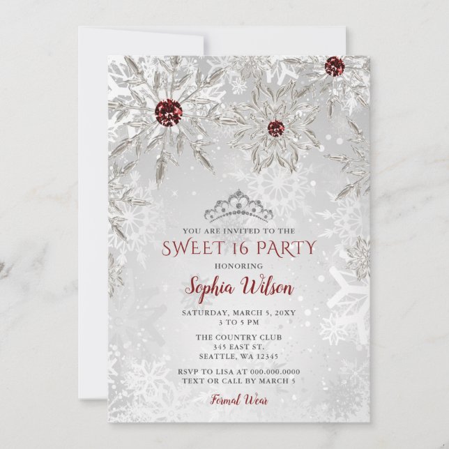 Silver Red Snowflakes Tiara Sweet 16  Invitation (Front)
