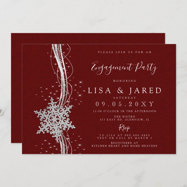 Silver Red Snowflakes Winter Engagement Party   Invitation (Front/Back)