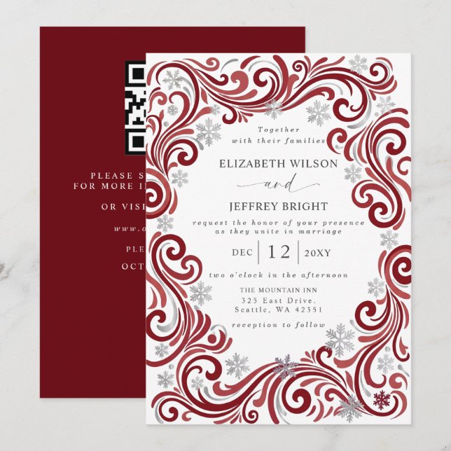 Silver Red Snowflakes Winter QR Code Wedding Invitation (Front/Back)